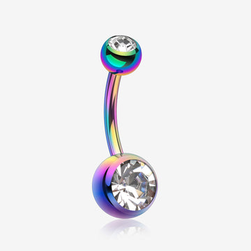 Colorline Double Gem Ball Steel Belly Button Ring-Rainbow/Clear